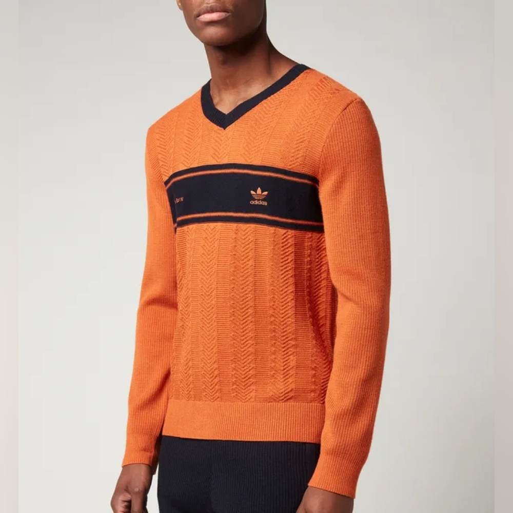 Wales Bonner x adidas Men’s Orange V-Neck Sweater with Navy Chest Stripe